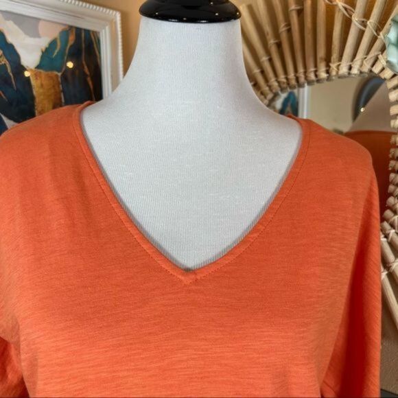 Jones New York Slub Knit V-NECK Short Sleeve Slit Orange T-Shirt Sz Small - Picture 7 of 10